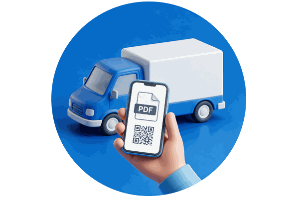 Móvil con documento PDF y código QR delante de un camión de reparto